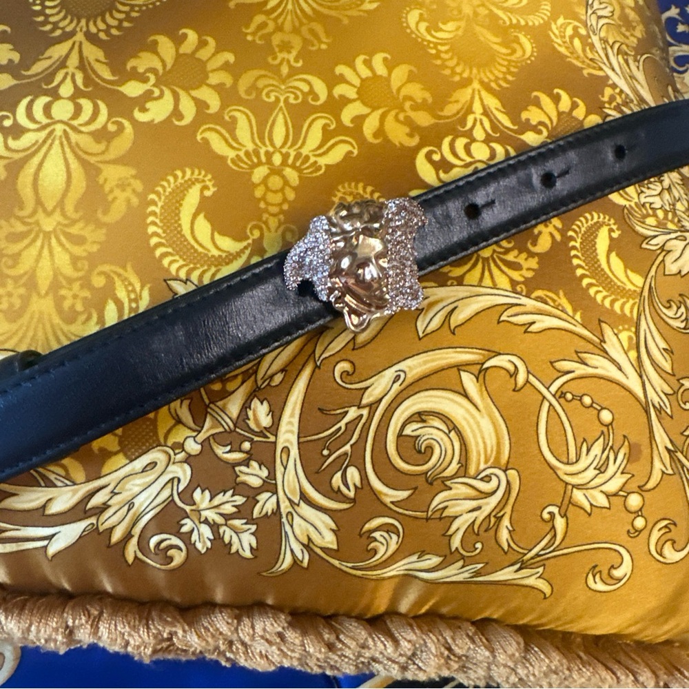 Versace La Medusa Crystal Embellished Buckle and Black Leather 85/34